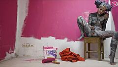 Skinny Tattoo Girl Workwear Anal Dildo Stretch Gape Squirt Solo