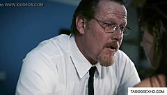 Old guy seduces strict young brunette