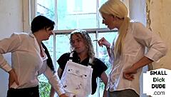 Slutty cfnm babes stroke massive cock in femdom threesome