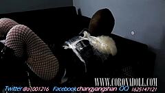 bound fuck doll in leather catsuit nylon pantyhose self bondage wrap