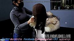 bound fuck doll in leather catsuit nylon pantyhose self bondage wrap