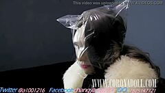 bound fuck doll in leather catsuit nylon pantyhose self bondage wrap