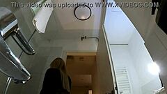 Big tits big ass blonde strips pantyhose miniskirt high heels bathroom