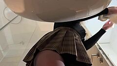 Big tits big ass blonde strips pantyhose miniskirt high heels bathroom