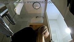 Big tits big ass blonde strips pantyhose miniskirt high heels bathroom