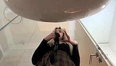 Big tits big ass blonde strips pantyhose miniskirt high heels bathroom