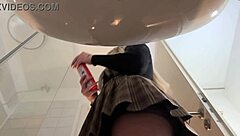 Big tits big ass blonde strips pantyhose miniskirt high heels bathroom