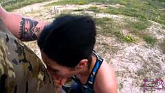 Sloppy Outdoor Blowjob Swallows Huge Load