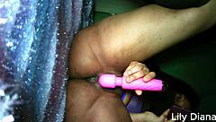 lilydiana's tight ebony pussy drips wet from vibrator while watching hot lesbian action