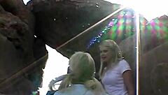 Blonde teen licks pussy in outdoor threesome fingering fun