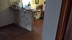 horny young stud whips out big cock spying naked milf kitchen!