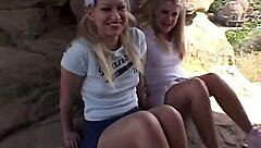 Blonde teen licks pussy in outdoor threesome fingering fun