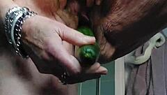 granny fucks hairy pussy with cucumber