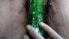 granny fucks hairy pussy with cucumber