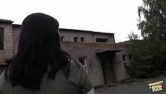 Skinny teen slut bent over in abandoned house takes double anal pounding from two studs!