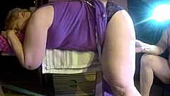 59yo slutwife bent over sawhorse dildo fucks fat pussy closeup