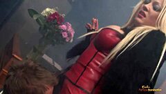 big boobed chick in red latex fucks bound slave hard