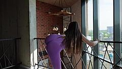 Petite Brunette Stretches In Leggings Before Wild Cowgirl Ride