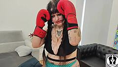 Chubby babe's bouncing boobs during boxing workout