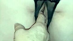 59yo slutwife bent over sawhorse dildo fucks fat pussy closeup