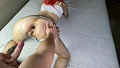 Lesbian babe curses wildly as huge cock slams her tight ass!