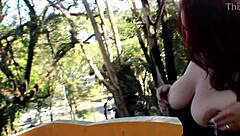 redhead slut masturbates blows and cums facial in park