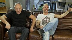 two horny babes fuck young stud and old guy hard