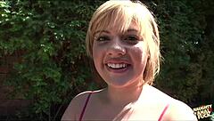 Blonde picks up outdoor machine for blowjob anal cowgirl ride