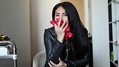 mistress teases you with her tight leather glove fetish play