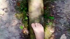 barefoot nylon tease balances outdoors in sheer pantyhose thrill