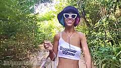 i love flashing my hairy thong pussy while jogging topless outdoors