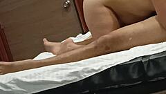 Cheating wife seduces lover on bed filling her with hot creampie close up