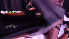 Masked Lesbians Share Double Strapon on Heels