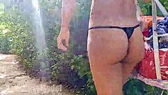i love flashing my hairy thong pussy while jogging topless outdoors