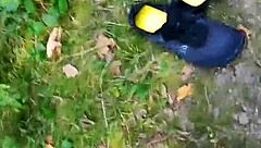 barefoot nylon tease balances outdoors in sheer pantyhose thrill