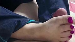 Stacy milf's kinky footjob covers feet in jizz!