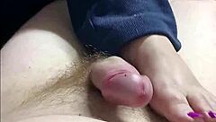 Stacy milf's kinky footjob covers feet in jizz!