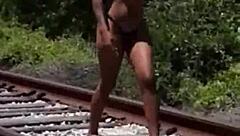 Fisherman showers dirty ebony stripper outdoors