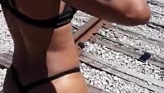 Fisherman showers dirty ebony stripper outdoors