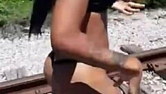 Fisherman showers dirty ebony stripper outdoors