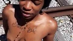 Fisherman showers dirty ebony stripper outdoors