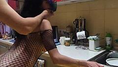 stockinged milf wife surrenders ass for intense kitchen anal kissing
