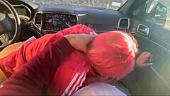 asian babe slurps cock in car for massive cumshot