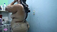 colombian bbw milf masturbates with dildo squirts wet pussy poolside bathroom