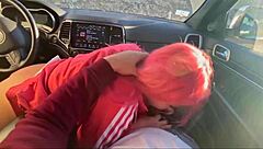 asian babe slurps cock in car for massive cumshot