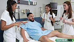 Shy blonde teen patient deepthroats three doctors' cocks