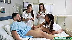 Shy blonde teen patient deepthroats three doctors' cocks