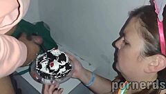 Scarlett devours 11 loads on birthday cake like a nasty arcade slut