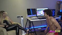 blonde mistress bonds submissive for latex ass blowjob