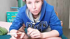 Brunette neighbor sucks cock in hoodie